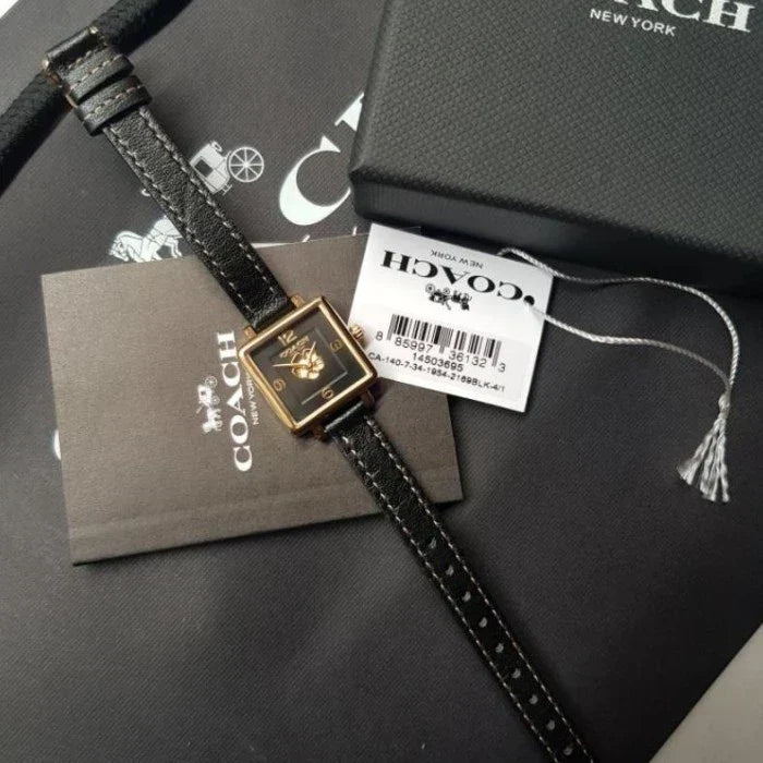 Coach Black Square Dial Black Leather Strap Watch for Women - 14503695