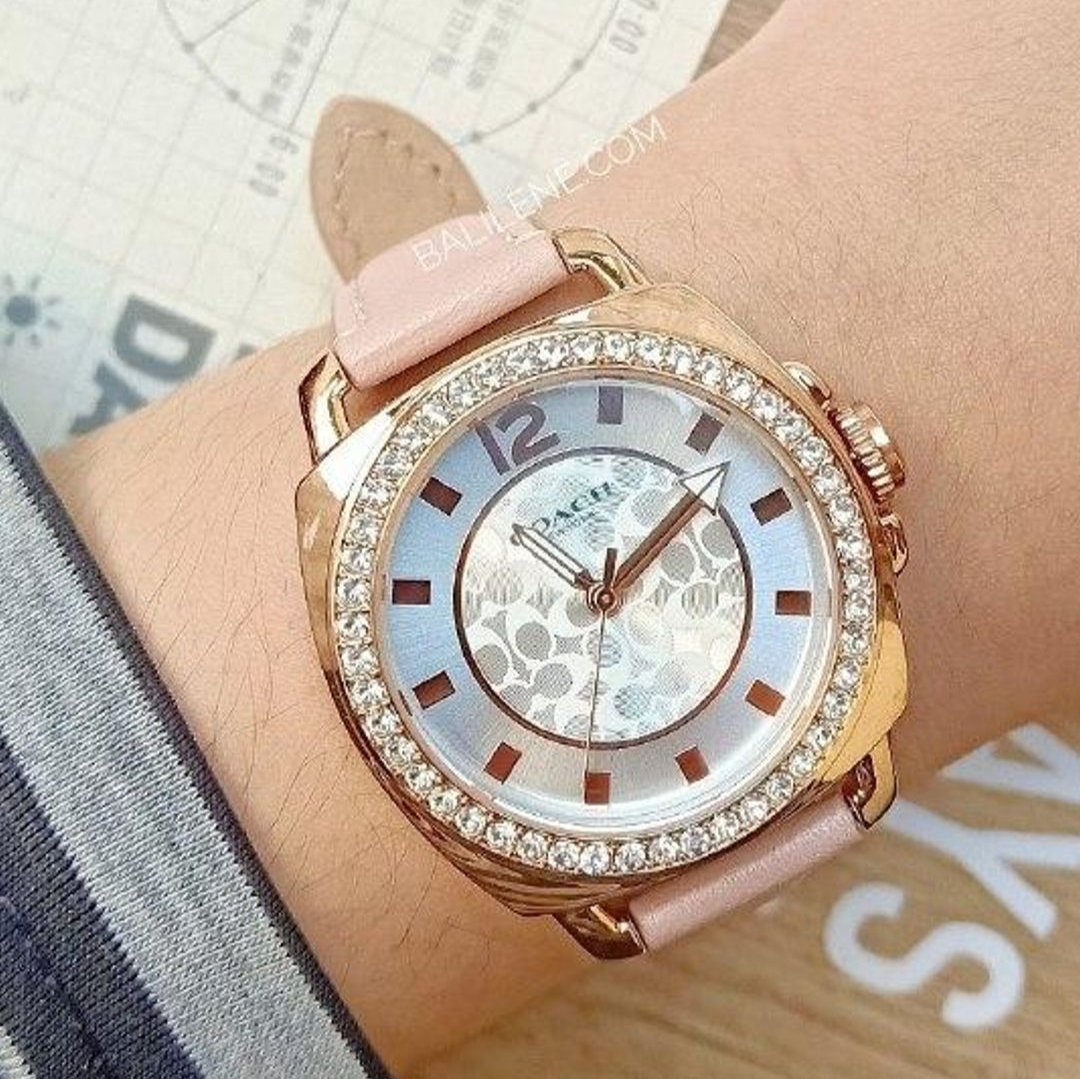 Coach Boyfriend Mother of Pearl White Dial Pink Leather Strap Watch for Women - 14503151
