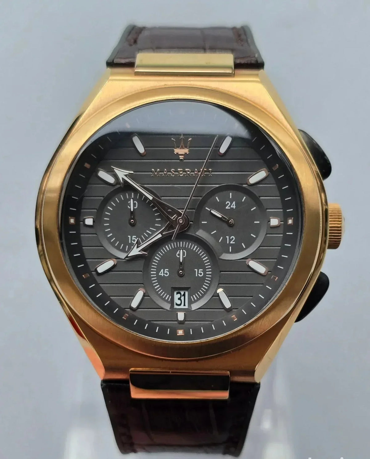 Maserati Triconic Chronograph Grey Dial Brown Leather Strap Watch For Men - R8871639003