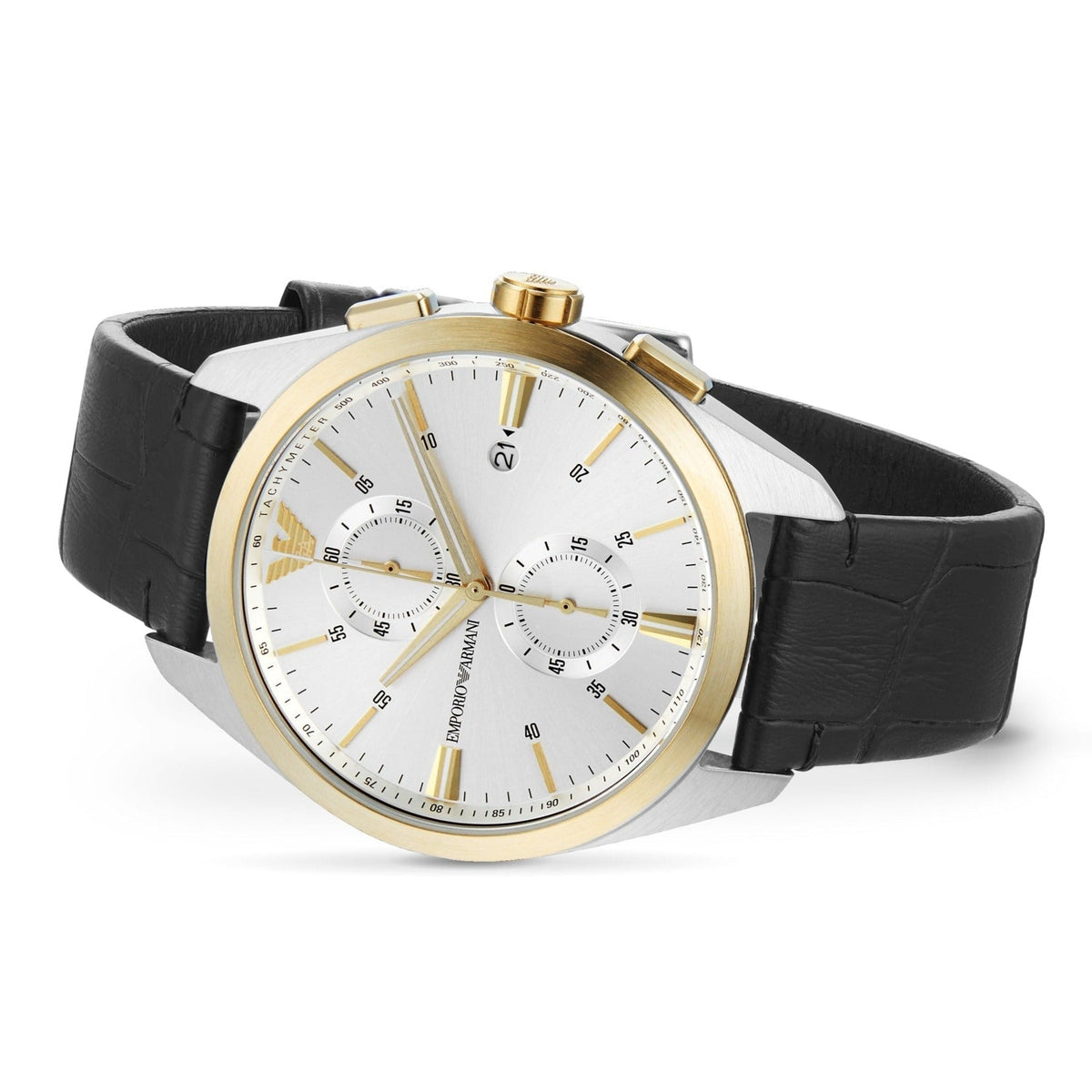 Emporio Armani Claudio Chronograph Silver Dial Black Leather Strap Watch For Men - AR11498