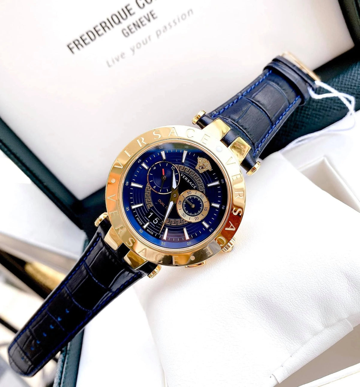 Versace V-Race Multifunction Chronograph Blue Dial Blue Leather Strap Watch For Men - VEBV00219