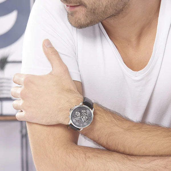Tommy Hilfiger Keagan Quartz Grey Dial Black Leather Strap Watch for Men - 1791289