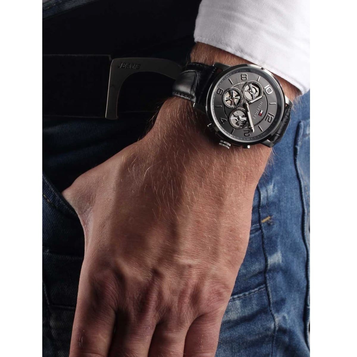 Tommy Hilfiger Keagan Quartz Grey Dial Black Leather Strap Watch for Men - 1791289