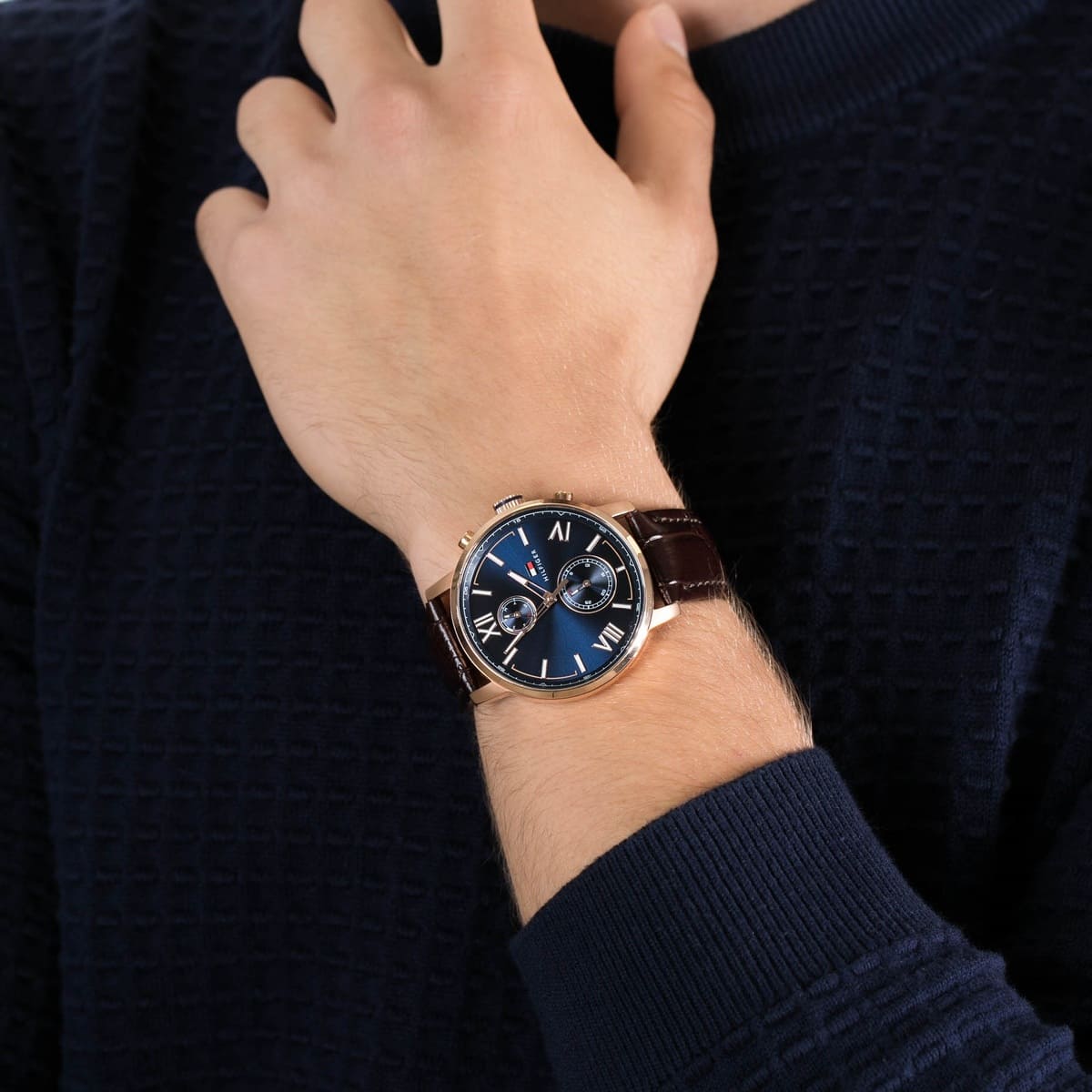 Tommy Hilfiger Aiden Quartz Blue Dial Brown Leather Strap Watch for Men - 1791308