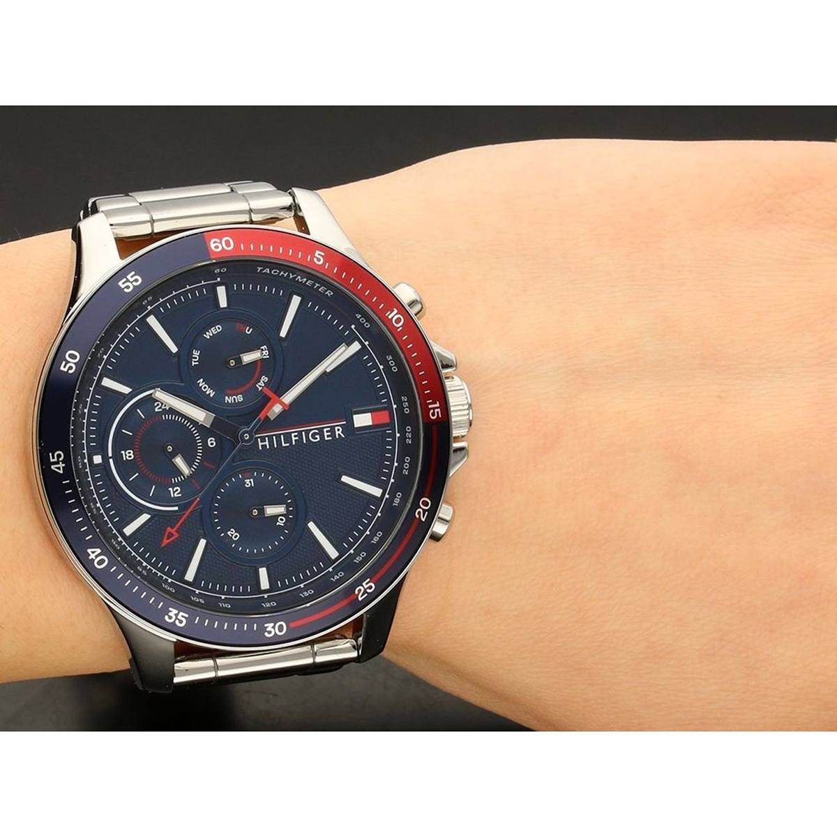 Tommy Hilfiger Bank Chronograph Blue Dial Silver Steel Strap Watch for Men - 1791718