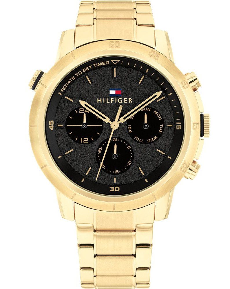 Tommy Hilfiger Troy Chronograph Black Dial Gold Steel Strap Watch For Men - 1792109
