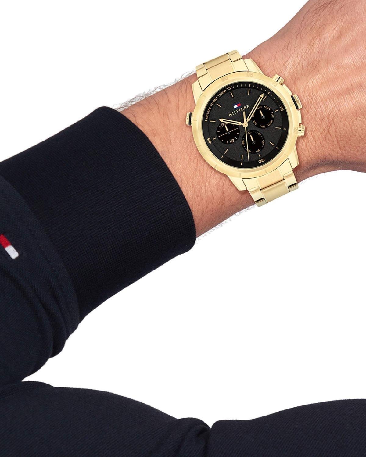 Tommy Hilfiger Troy Chronograph Black Dial Gold Steel Strap Watch For Men - 1792109