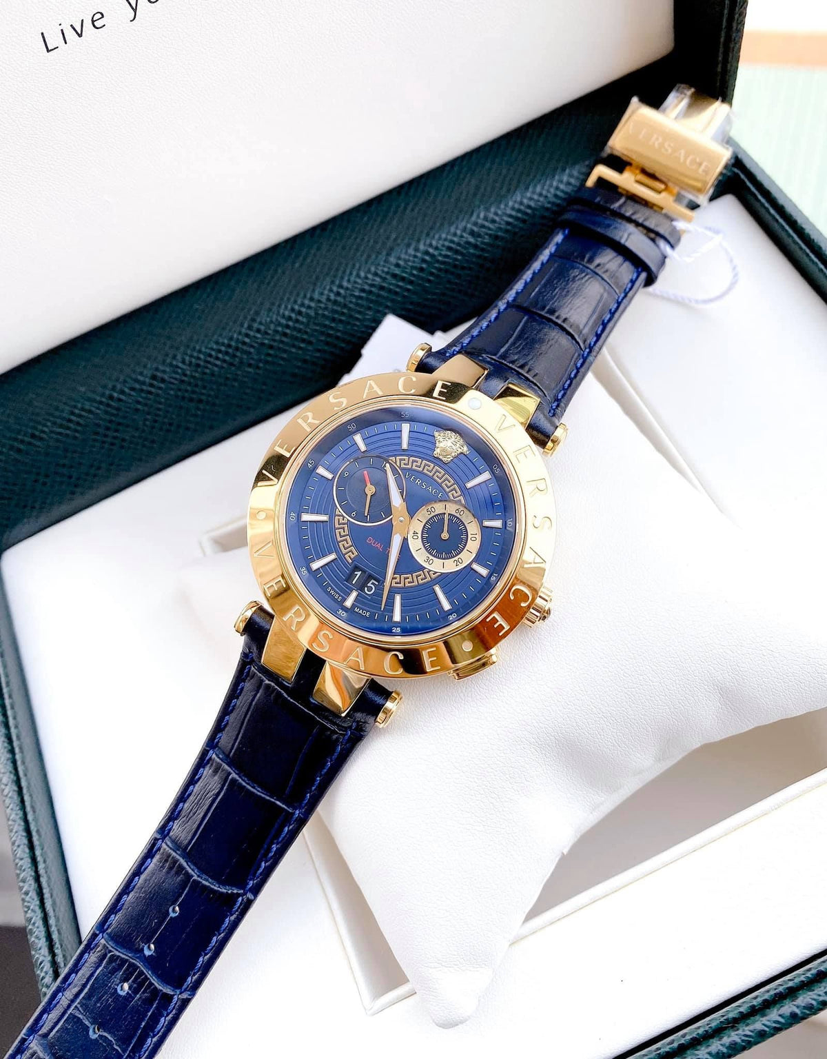Versace V-Race Multifunction Chronograph Blue Dial Blue Leather Strap Watch For Men - VEBV00219