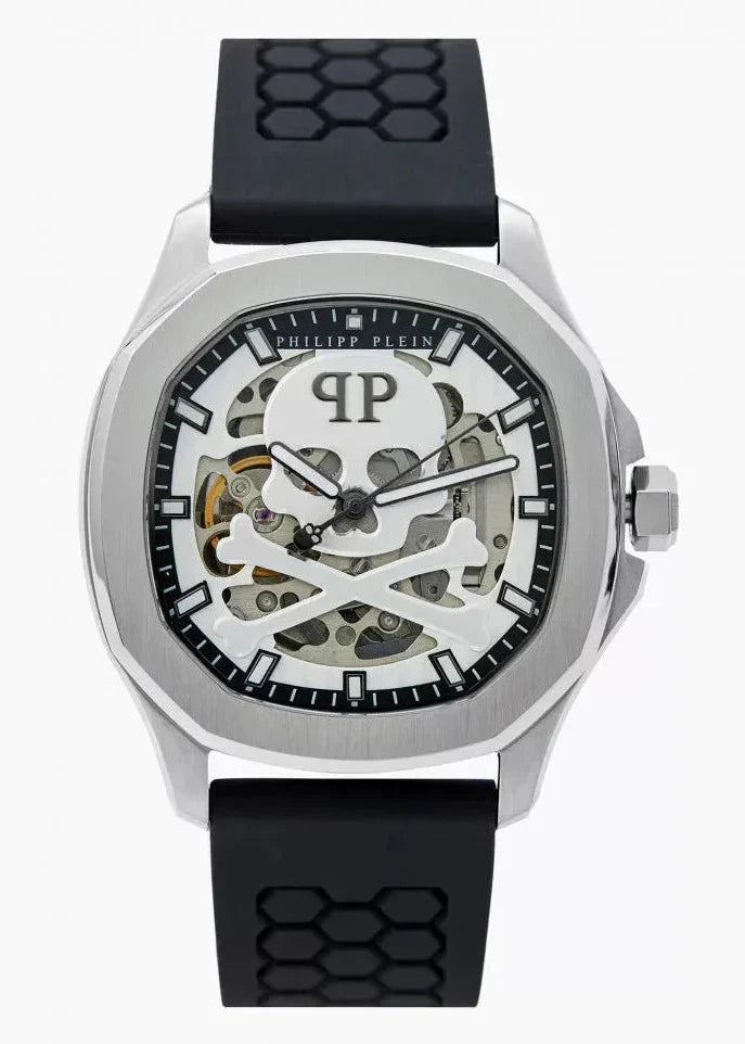 Philipp Plein High-Conic Automatic Silver Dial Black Silicone Strap Watch For Men- PWRAA0123