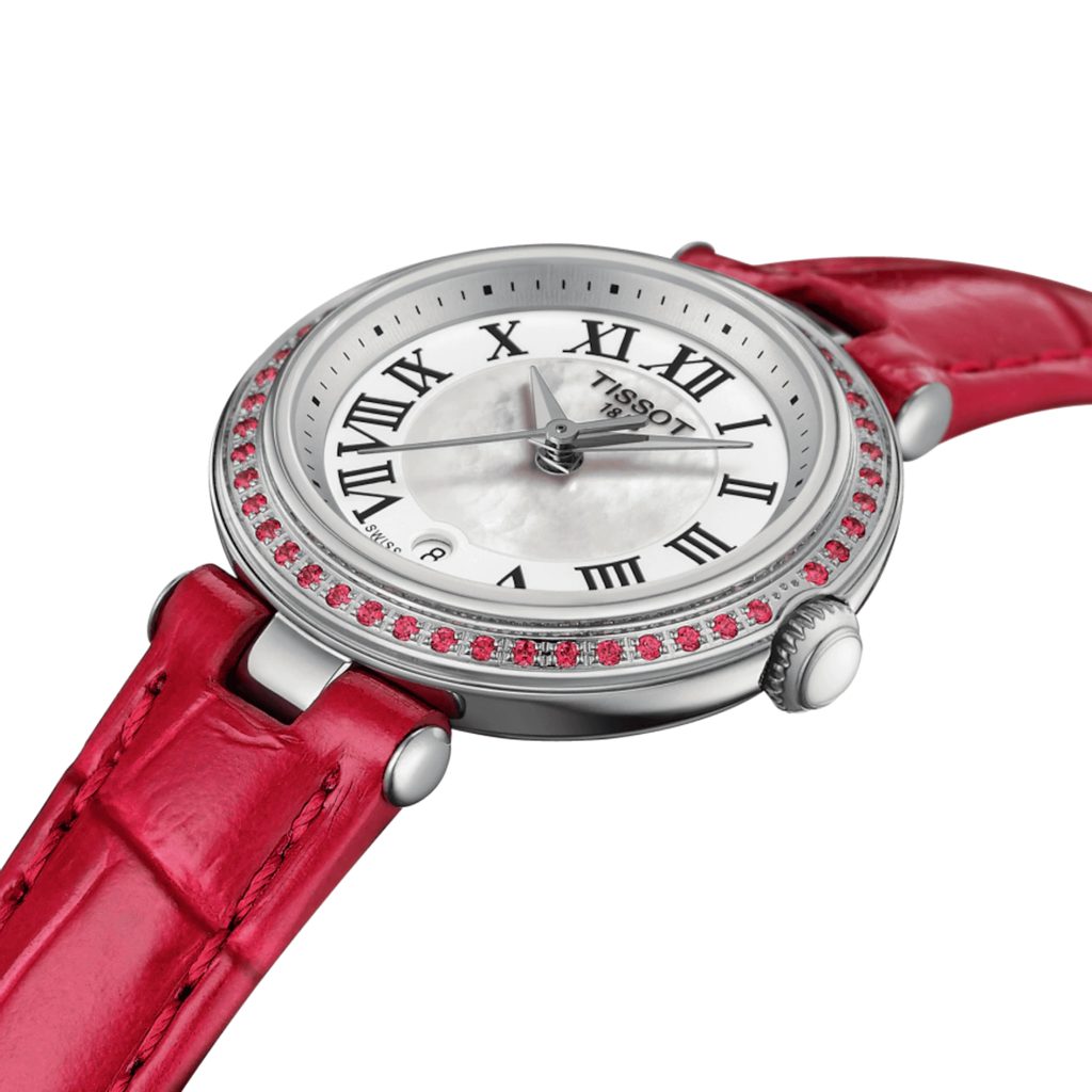 Tissot Bellissima Small Lady Diamonds Mother of Pearl Dial Red Leather Strap Watch For Women - T126.010.66.113.00