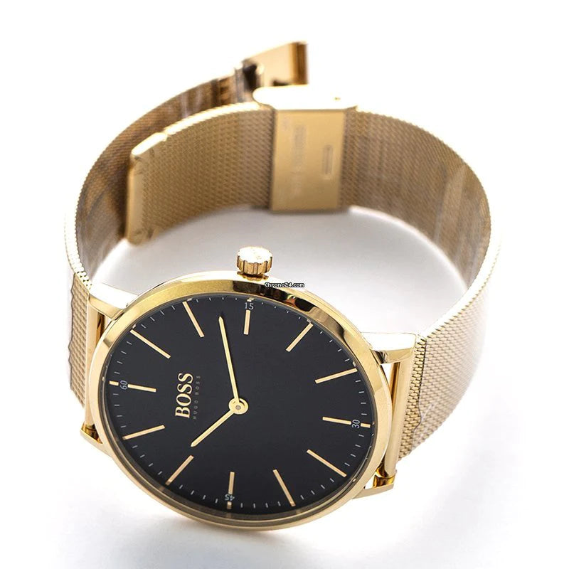 Hugo Boss Horizon Quartz Black Dial Gold Mesh Bracelet Watch For Men - HB1513735