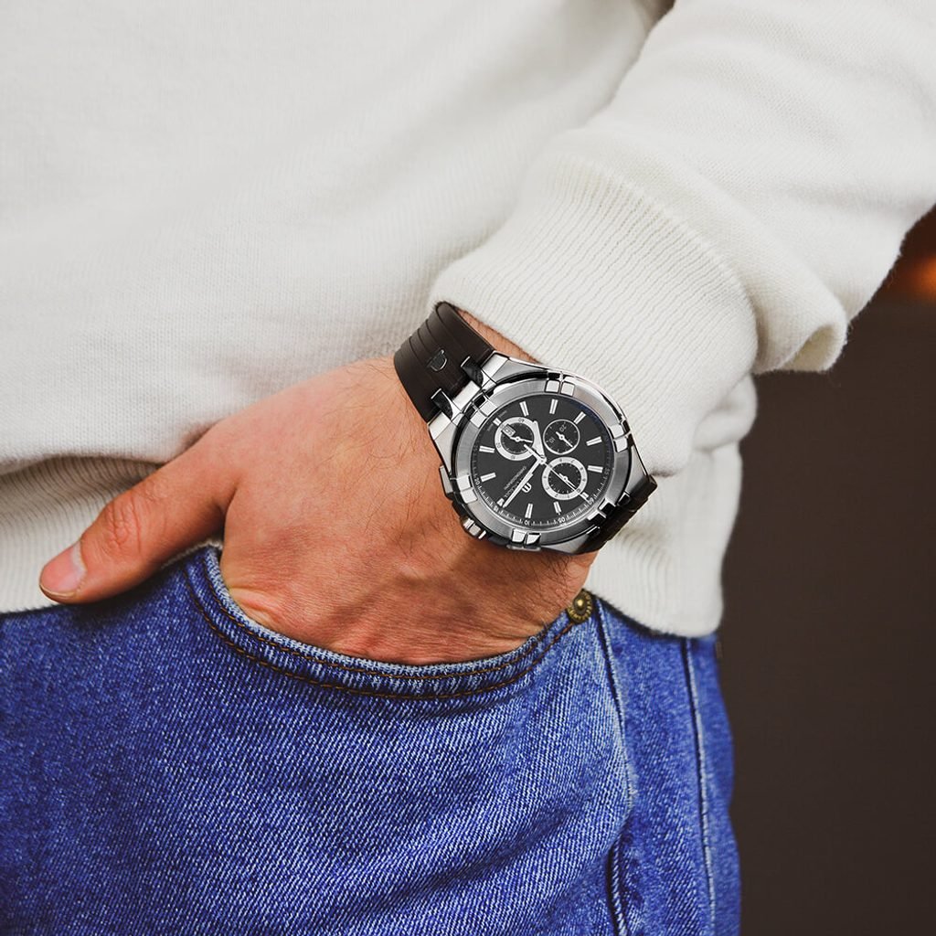 Hugo Boss Ikon Chronograph Black Dial Black Leather Strap Watch for Men - 1513178