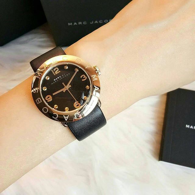 Marc Jacobs Amy Black Dial Black Leather Strap Watch for Women - MBM1154