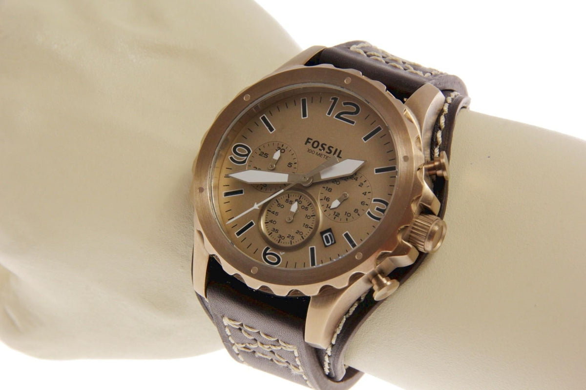 Fossil Nate Chronograph Gold Dial Brown Leather Strap Watch for Men - JR1495