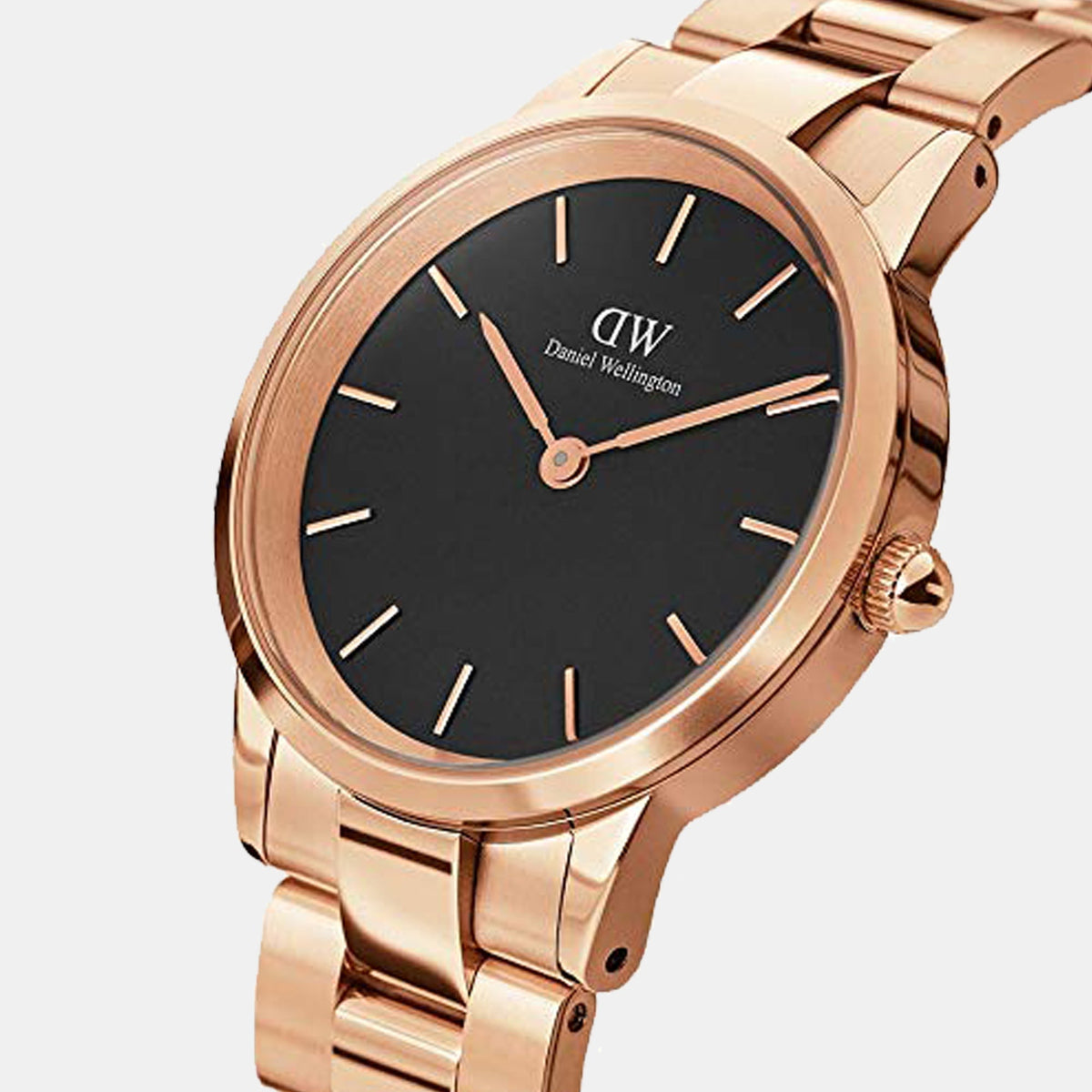 Daniel Wellington Iconic Link Black Dial Rose Gold Steel Strap Watch For Men - DW00100344