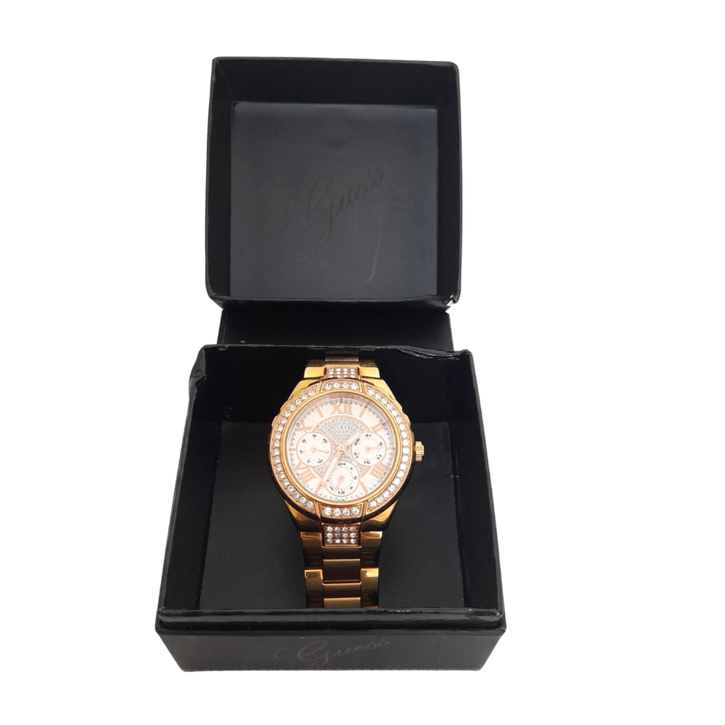Guess Viva Diamonds White Dial Rose Gold Steel Strap Watch for Women - W0111L3