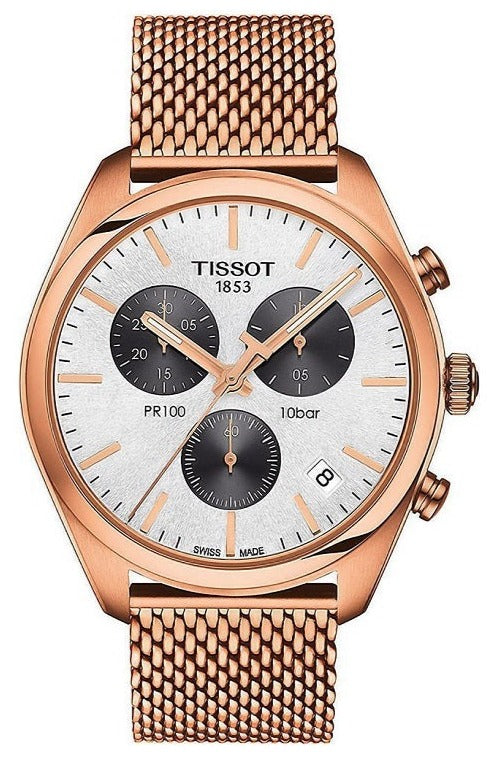 Tissot T Classic PR 100 Chronograph Silver Dial Rose Gold Mesh Bracelet Watch For Men - T101.417.33.031.01