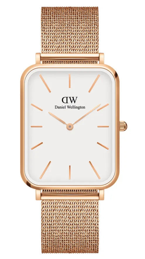 Daniel Wellington Quadro Pressed Melrose White Dial Rose Gold Mesh Strap Watch For Women - DW00100465