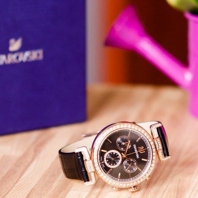 Swarovski Era Journey Chronograph Black Dial Black Leather Strap Watch for Women - 5295320