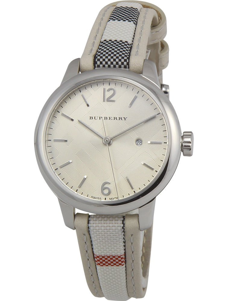 Burberry The Classic Guilloche Silver Dial Grey Leather Strap Watch for Women - BU10113