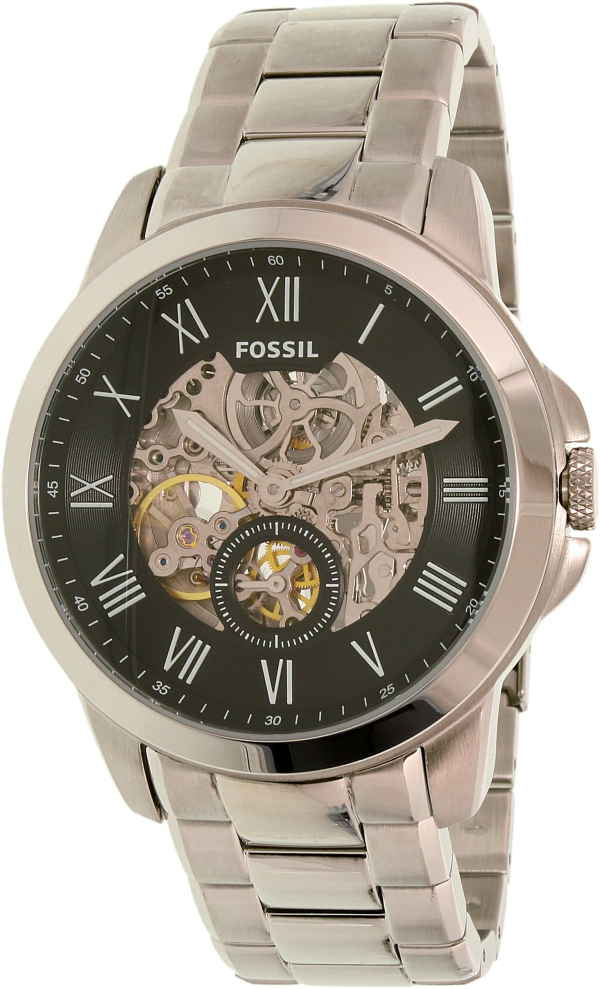 Fossil Grant Skeleton Black Dial Silver Steel Strap Watch for Men - ME3055