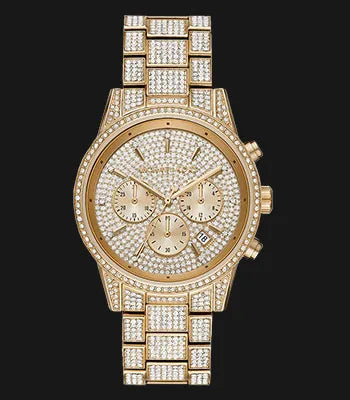 Michael Kors Ritz Three-Hand Glitz Crystals Gold Dial Gold Steel Strap Watch for Women - MK6747
