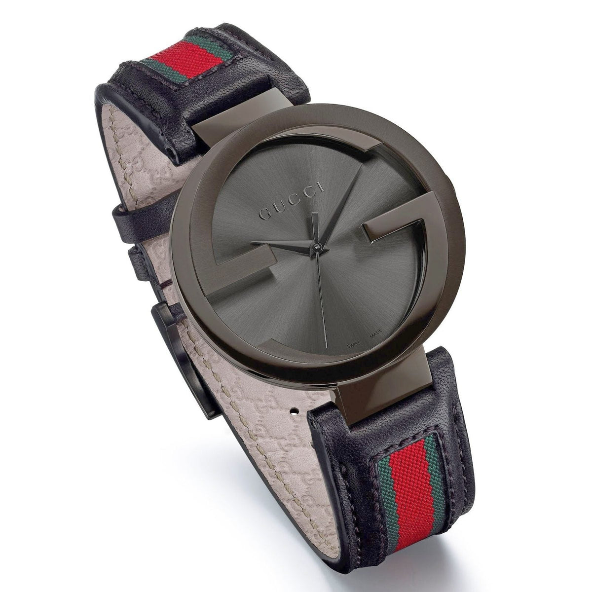 Gucci Interlocking G XL Black Dial Red & Green Leather Strap Watch For Men - YA133206