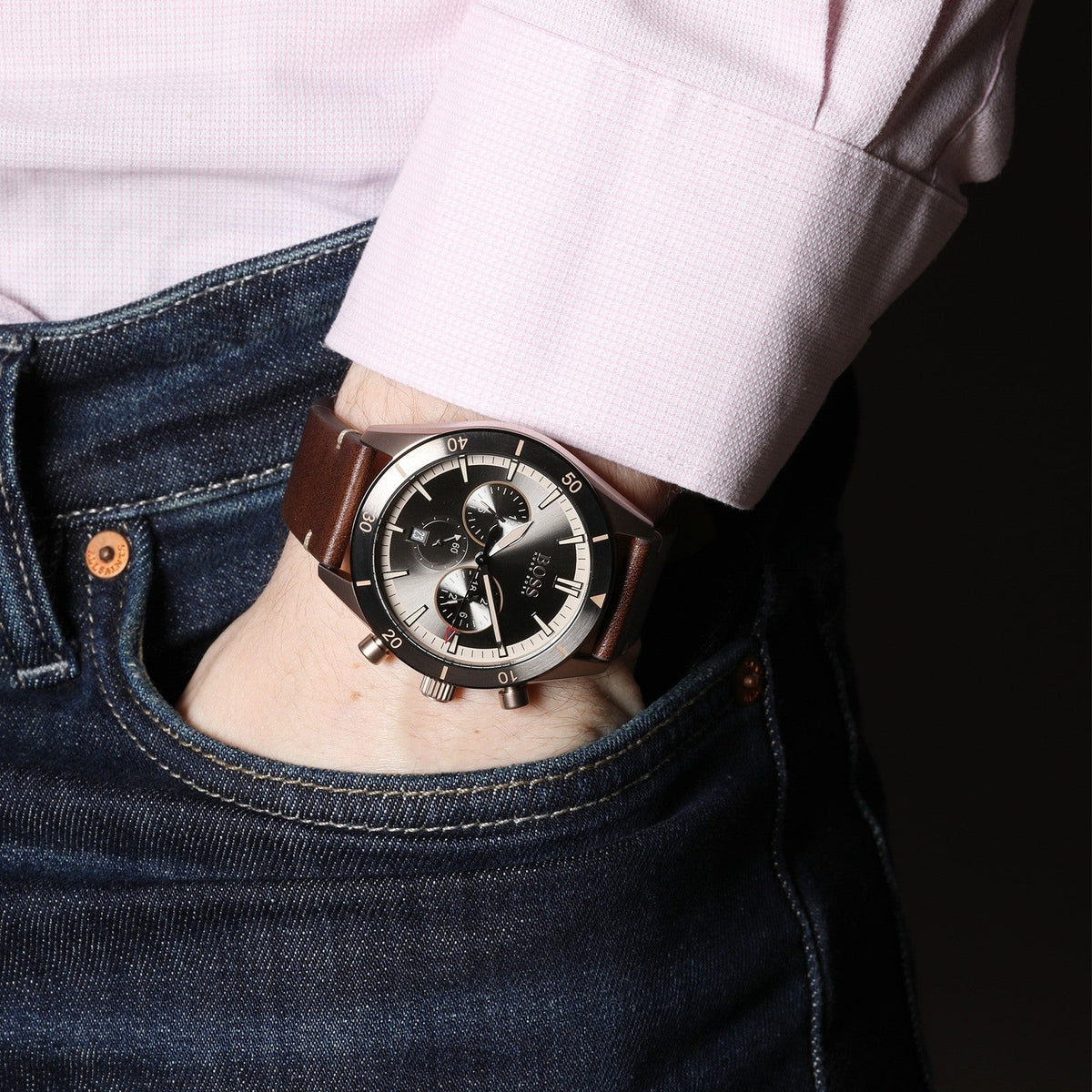 Hugo Boss Santiago Chronograph Grey Dial Brown Leather Strap Watch for Men - 1513861