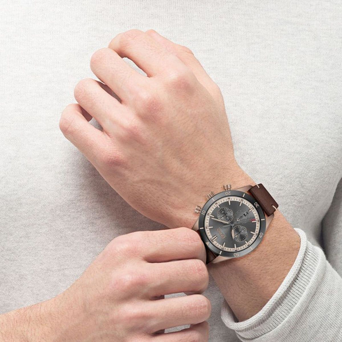Hugo Boss Santiago Chronograph Grey Dial Brown Leather Strap Watch for Men - 1513861