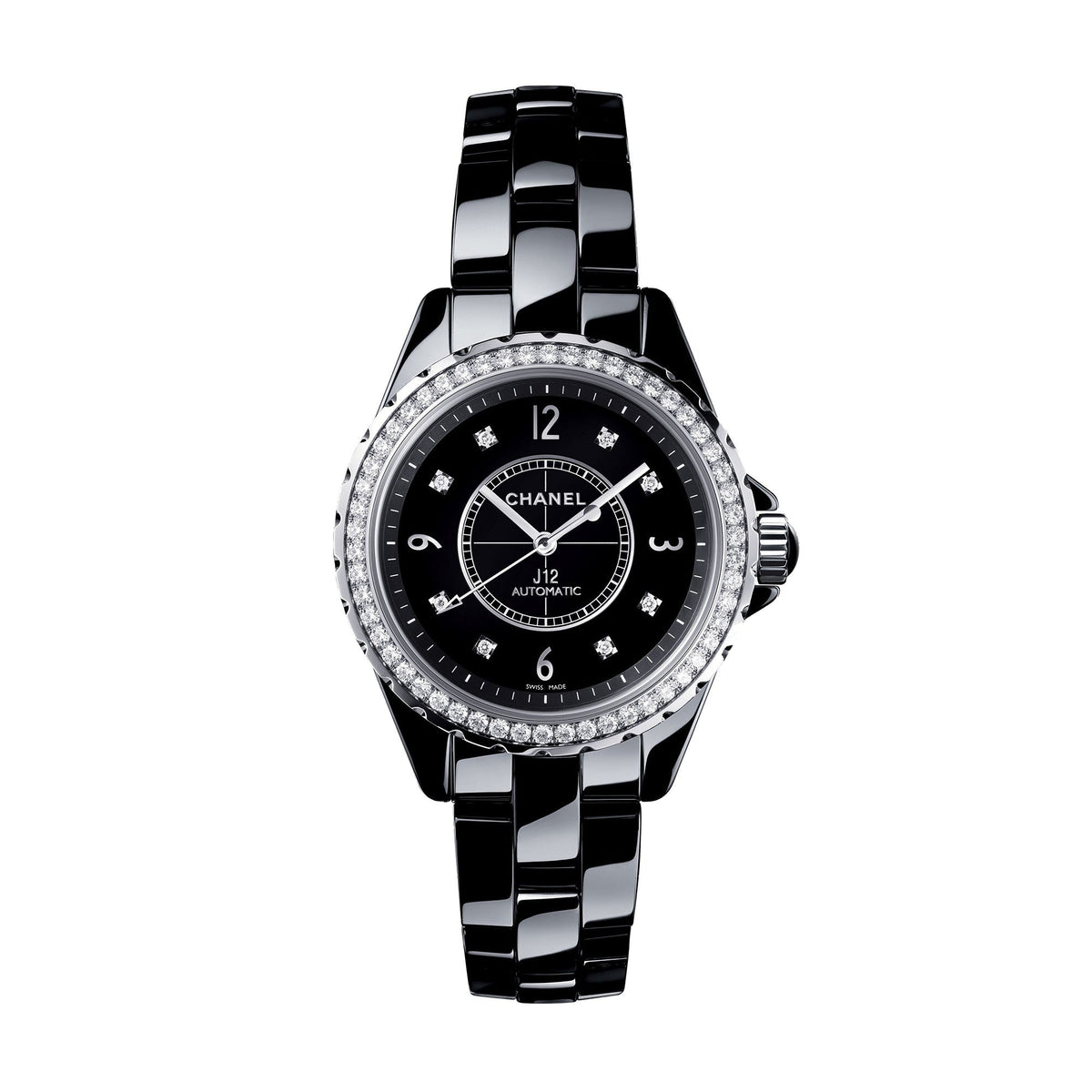 Chanel J12 Diamonds Ceramic Black Dial Black Steel Strap Watch for Women - J12 H3108