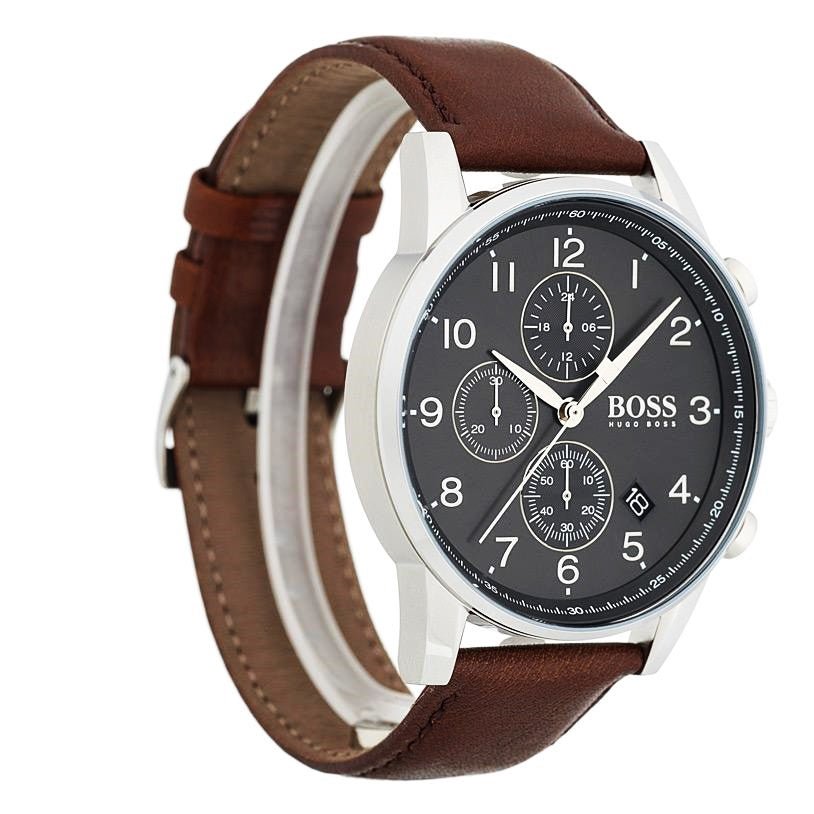 Hugo Boss Navigator Chronograph Grey Dial Brown Leather Strap Watch for Men - 1513494