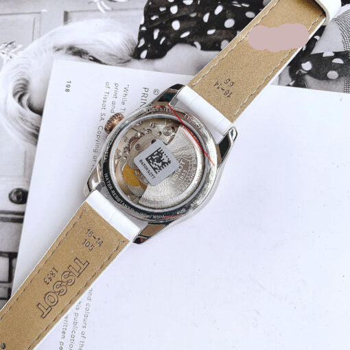 Tissot T-Classic Powermatic 80 Mother of Pearl Silver Dial White Leather Strap Watch For Women - T108.208.26.117.00