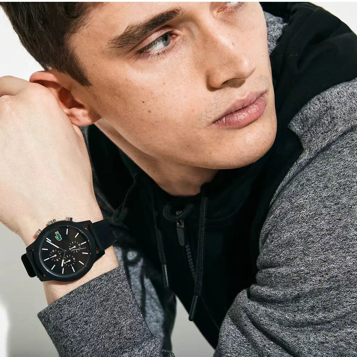 Lacoste 12.12 Chronograph Black Dial Black Silicon Strap Watch for Men - 2011012