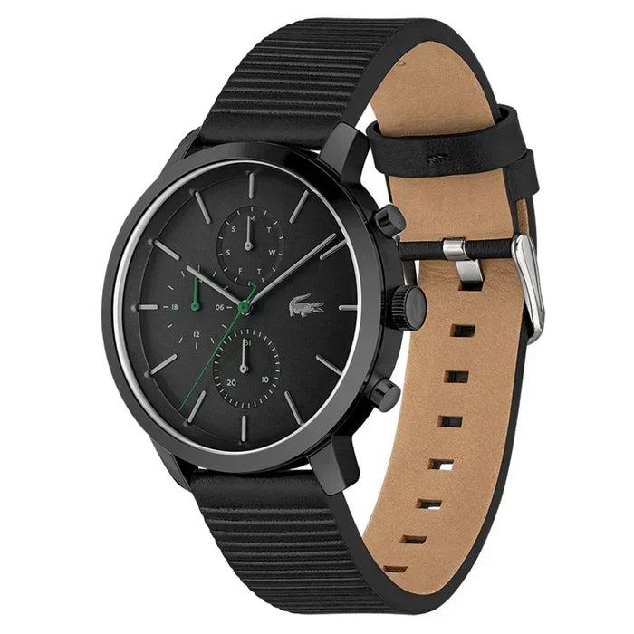 Lacoste Replay Chronograph Black Dial Black Leather Strap Watch for Men - 2011177