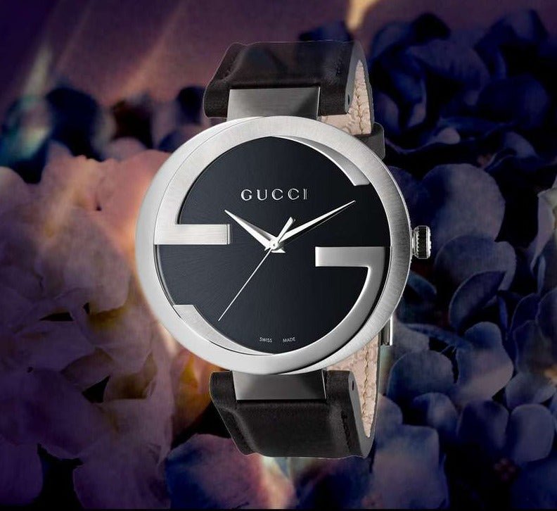 Gucci Interlocking G Iconic Black Dial Black Leather Strap Watch For Men - YA133205
