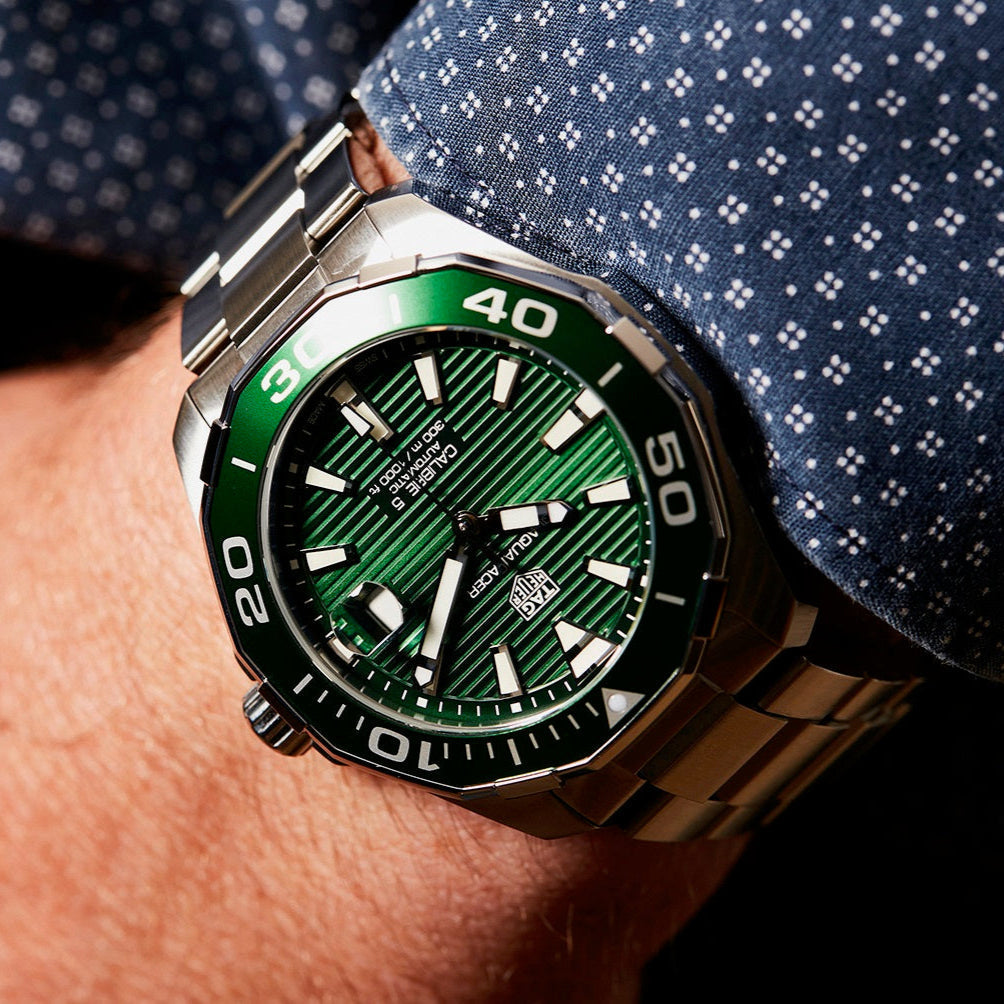Tag Heuer Aquaracer Calibre 5 Green Dial Silver Steel Strap Watch for Men - WAY201S.BA0927