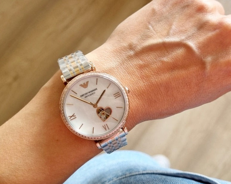 Emporio Armani Meccanico Automatic Mother of Pearl Dial Two Tone Steel Strap Watch For Women - AR60049