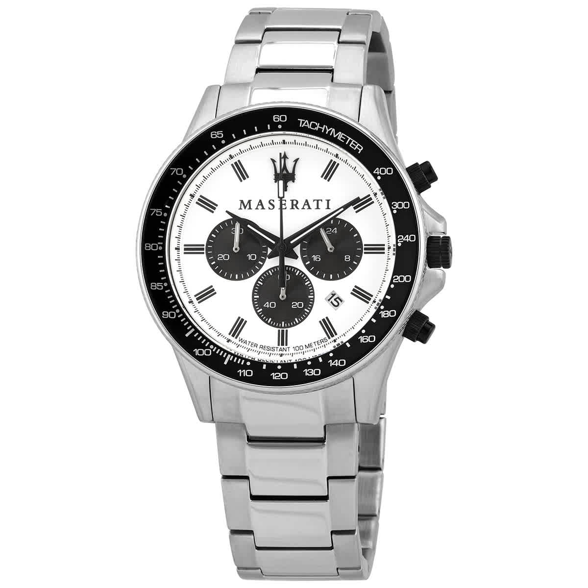 Maserati SFIDA Chronograph White Dial Silver Steel Strap Watch For Men - R8873640003