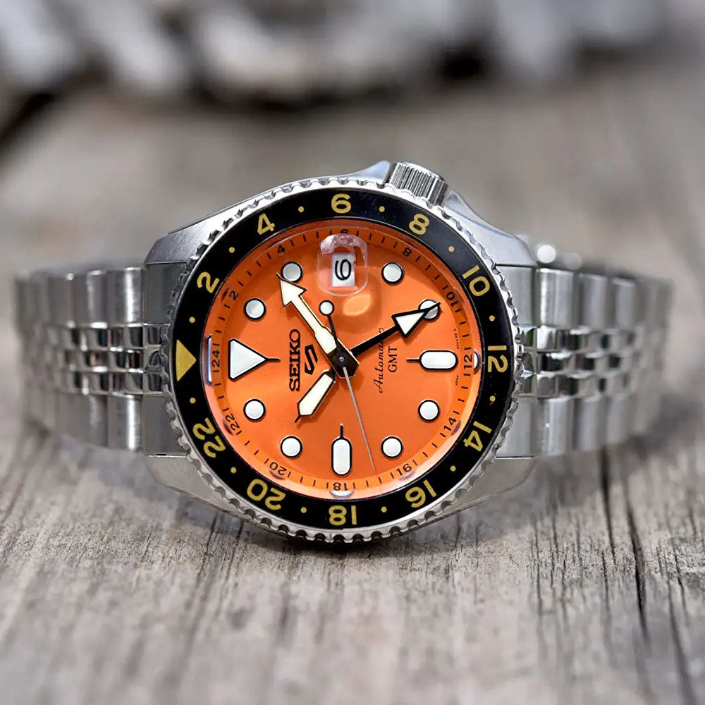 Seiko 5 Sports GMT Automatic Orange Dial Silver Steel Strap Watch For Men - SSK005K1
