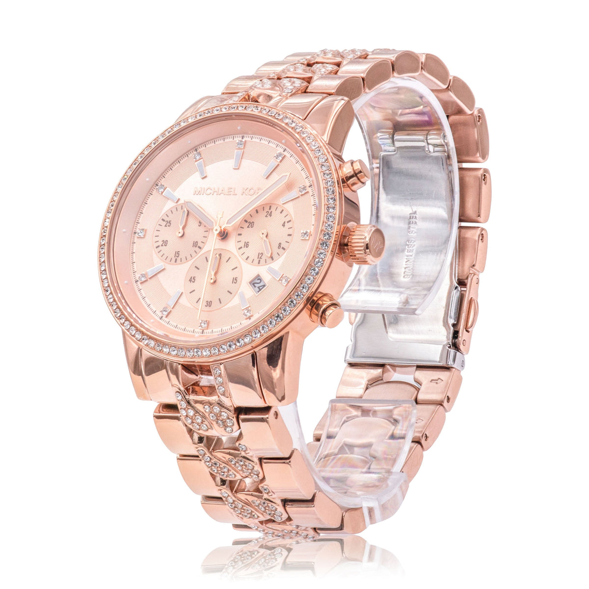 Michael Kors Ritz Chronograph Rose Gold Dial Rose Gold Steel Strap Watch For Women - MK7223