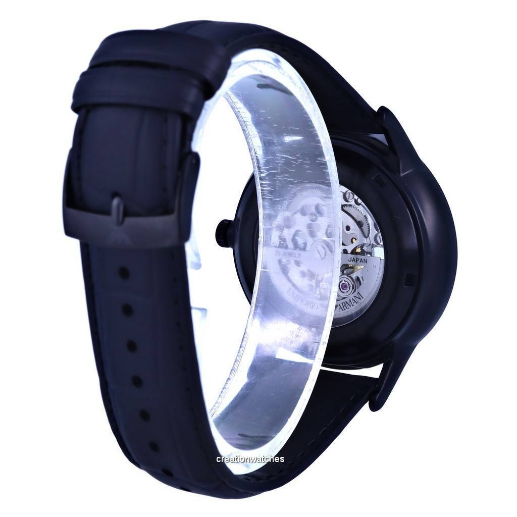 Emporio Armani Meccanico Automatic Skeleton Black Dial Black Leather Strap Watch For Men - AR60042
