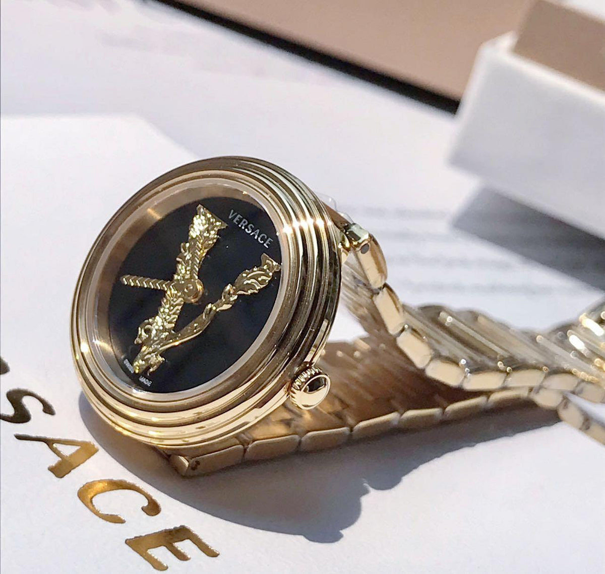 Versace V Virtus Quartz Black Dial Gold Steel Strap Watch For Women - VET300121
