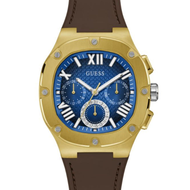 Guess Headline Chronograph Blue Dial Brown Silicone Strap Watch For Men - GW0571G5