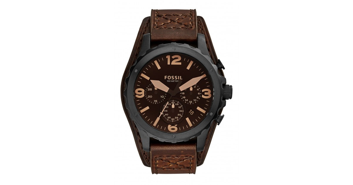 Fossil Nate Chronograph Brown Dial Brown Leather Strap Watch for Men - JR1511