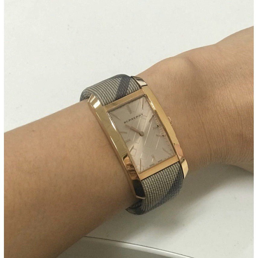 Burberry The Pioneer Rose Gold Dial Haymarket Brown Leather Strap Watch for Women - BU9408