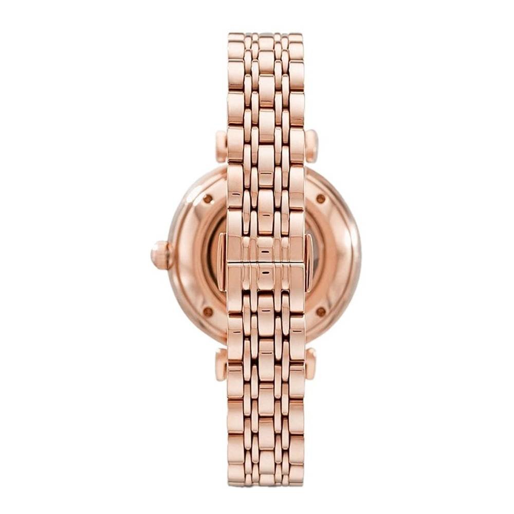 Emporio Armani Meccanico Gianni T-Bar Silver Dial Rose Gold Steel Strap Watch For Women - AR60023