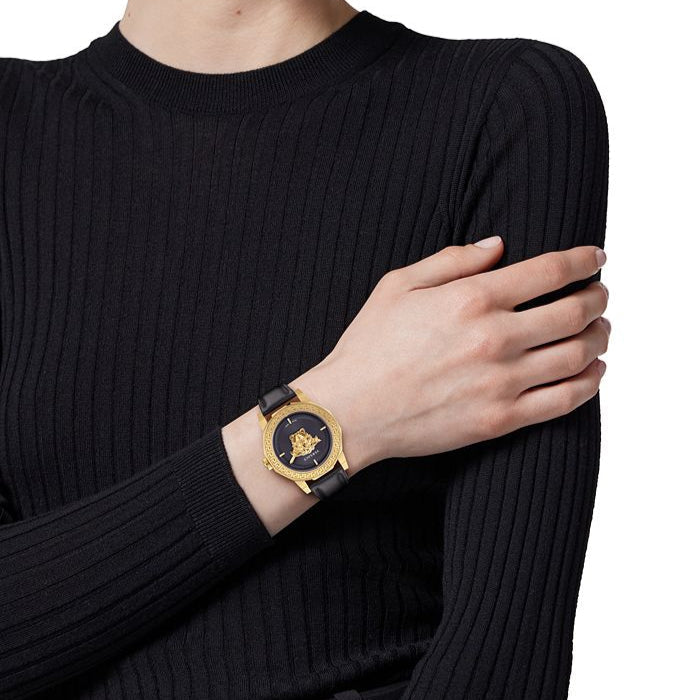 Versace Palazzo Empire Greca Black Dial Black Leather Strap Watch for Women - VEDV00119