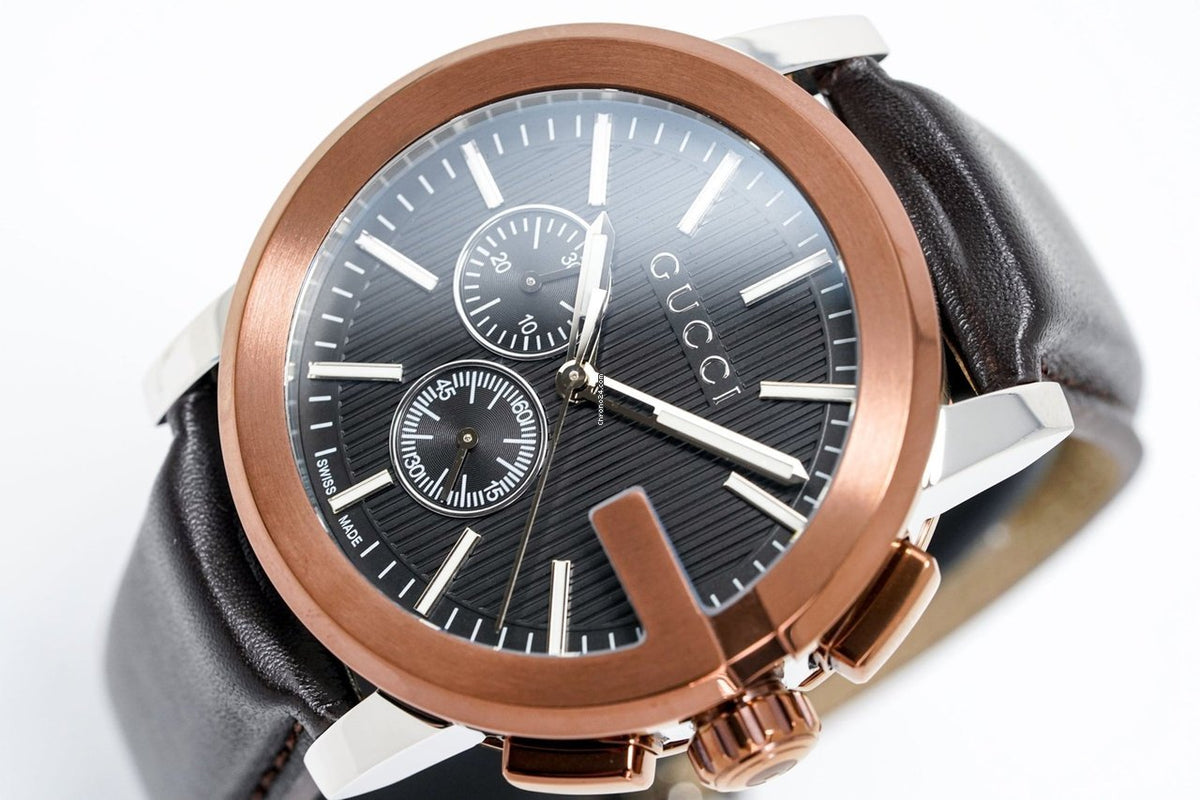 Gucci G Chrono Black Dial Brown Leather Strap Watch For Men - YA101202