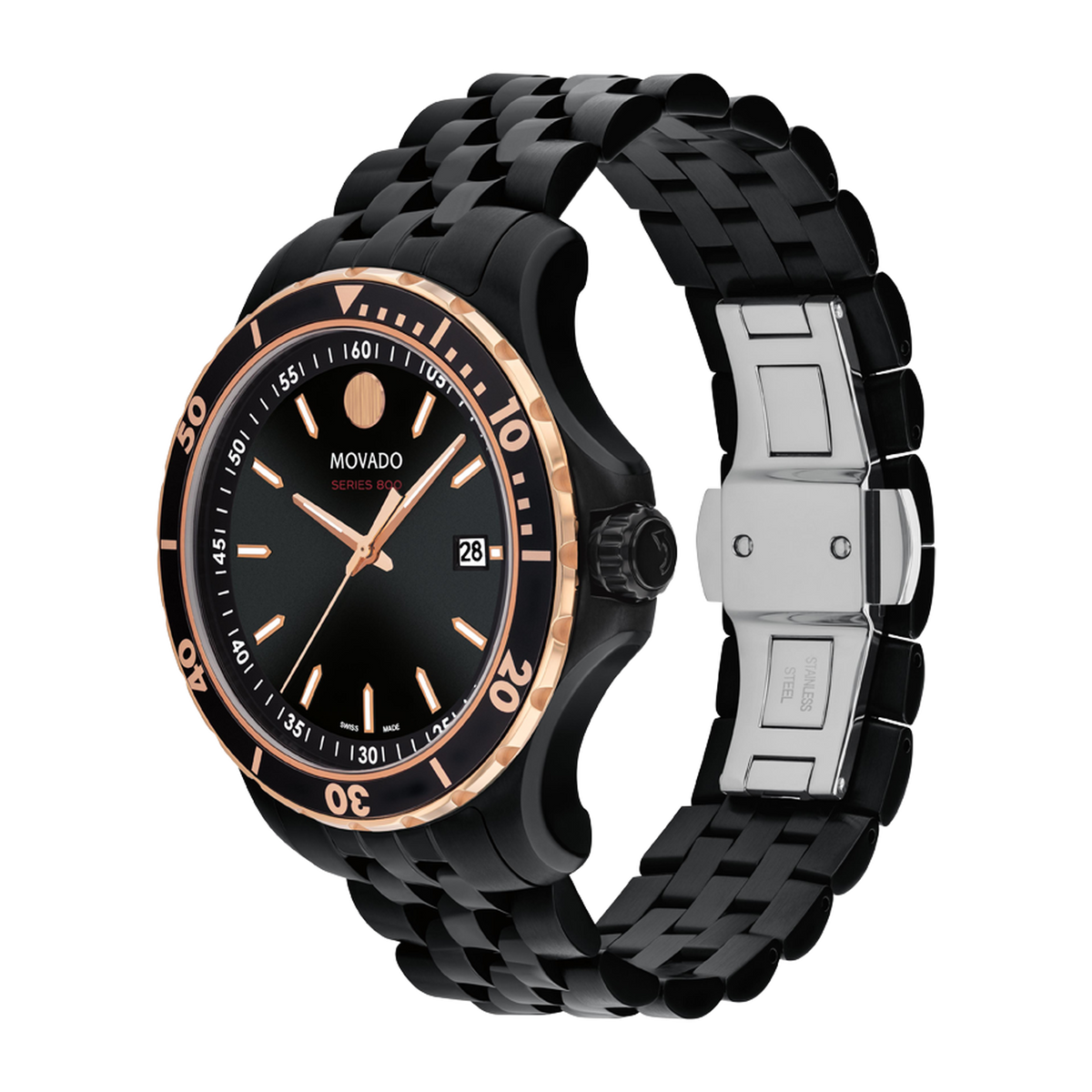 Movado 800 Series Black Dial Black Steel Strap Watch For Men - 2600162
