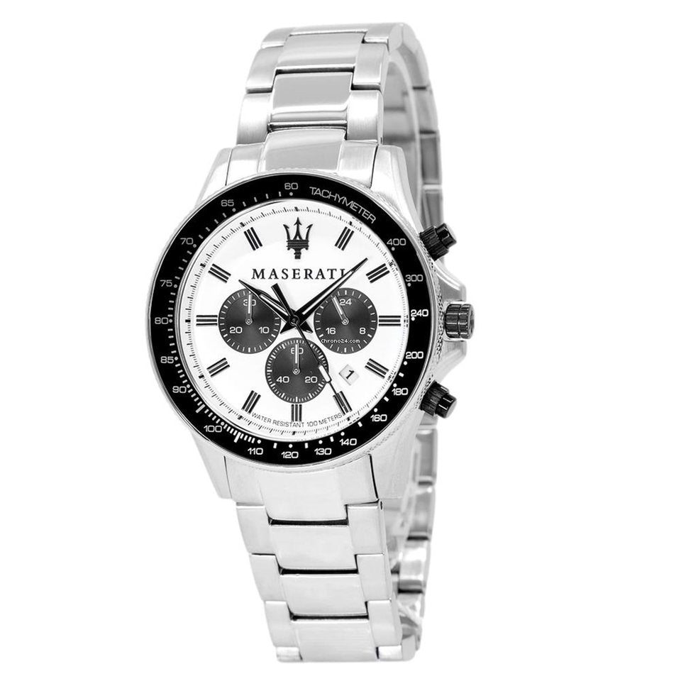 Maserati SFIDA Chronograph White Dial Silver Steel Strap Watch For Men - R8873640003